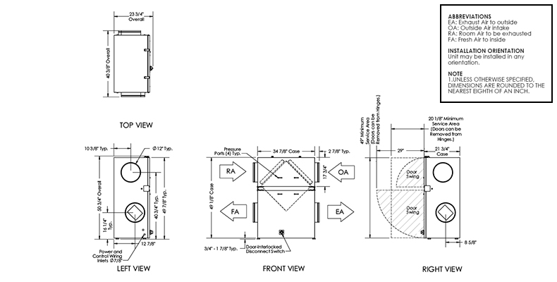Dimensional drawing for the TRC800V model.