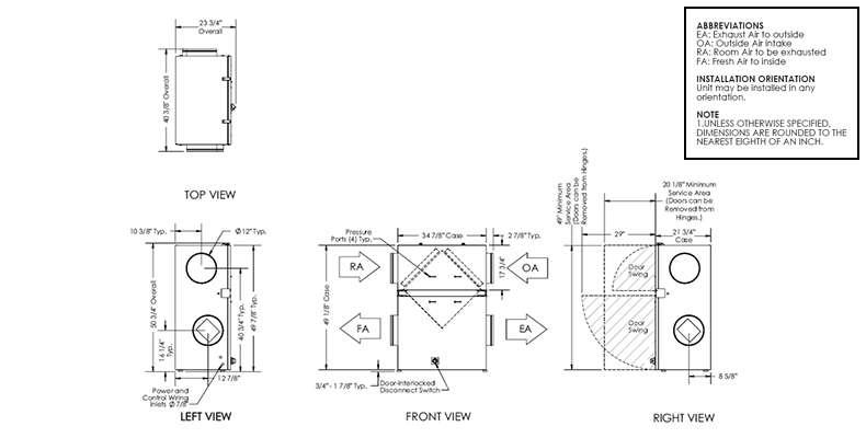 Dimensional drawing for the TRCe800V model.